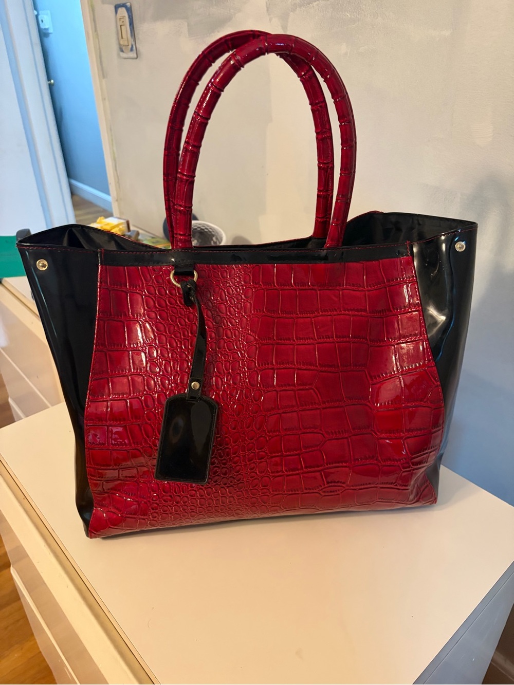 Elizabeth Arden Red Croc-Embossed Tote with Black Trim